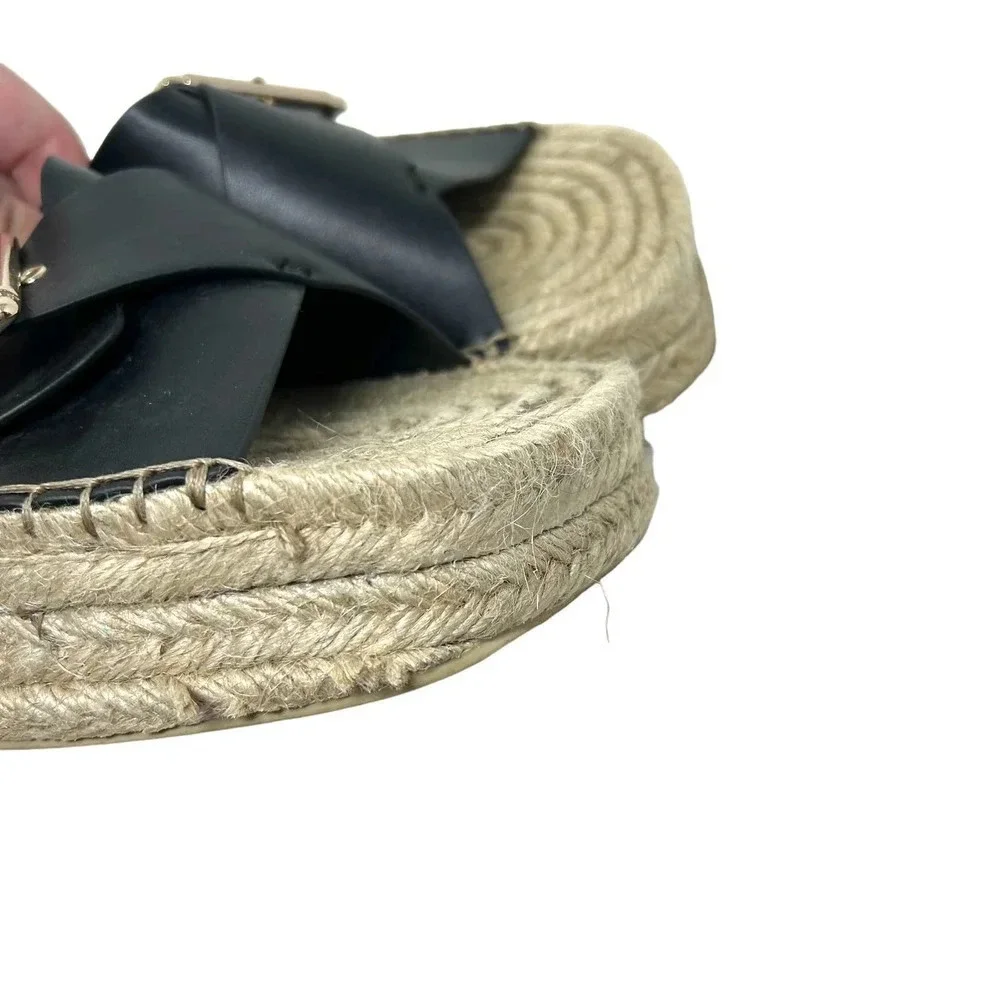 Zara Black Leather Buckle Espadrille Jute Slide Sandals Size‎ 41 / US 10.5
